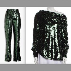 SIMKHAI Green Sequin Pants and One-Shoulder Top